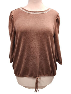 Retrology Brown Rhinestone Embellished Top XL 3/4 Ruched Sleeve Drawstring Hem